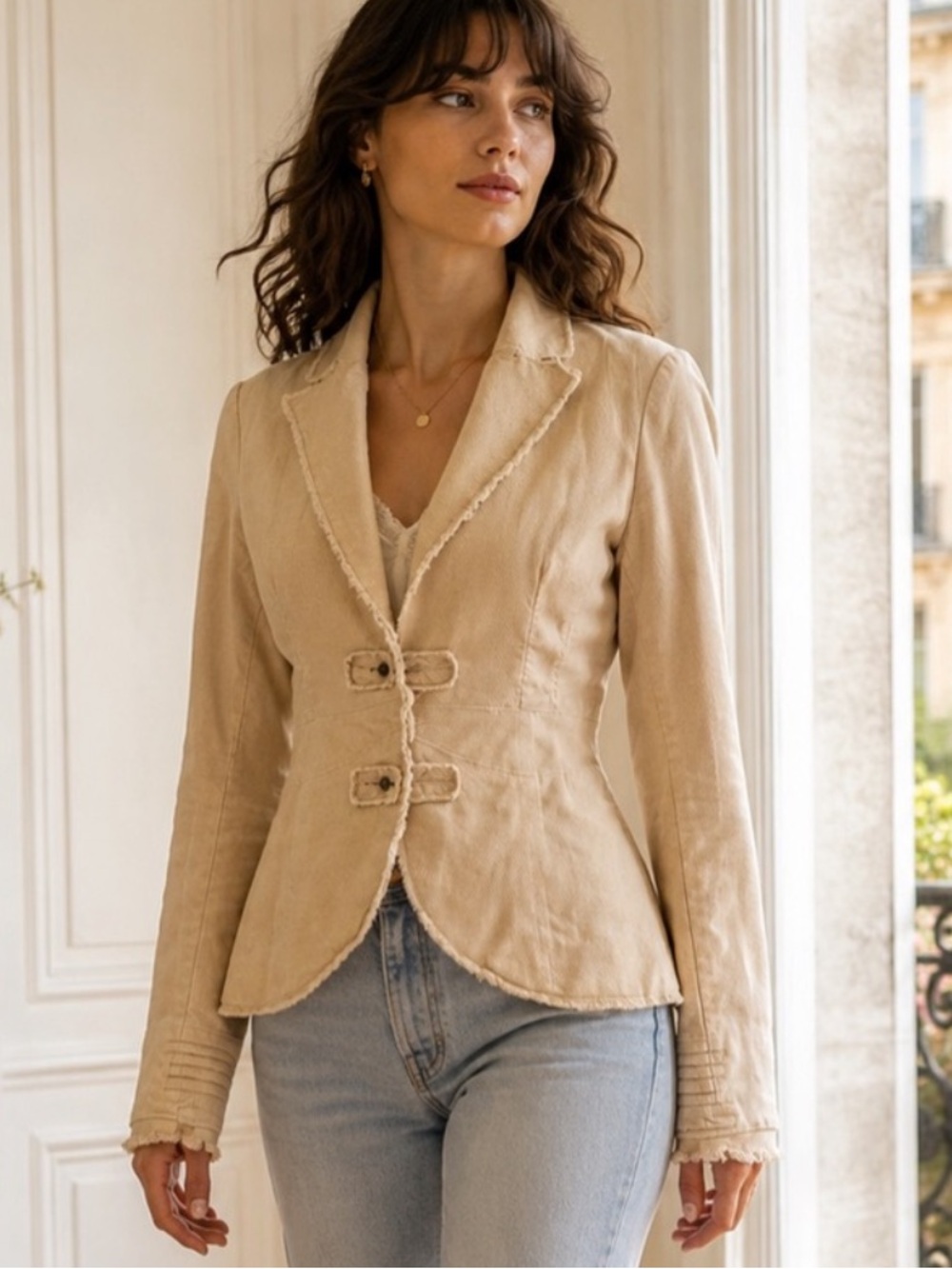 Full Circle London Beige Raw Edge Cotton Blazer Tailored Jacket XS